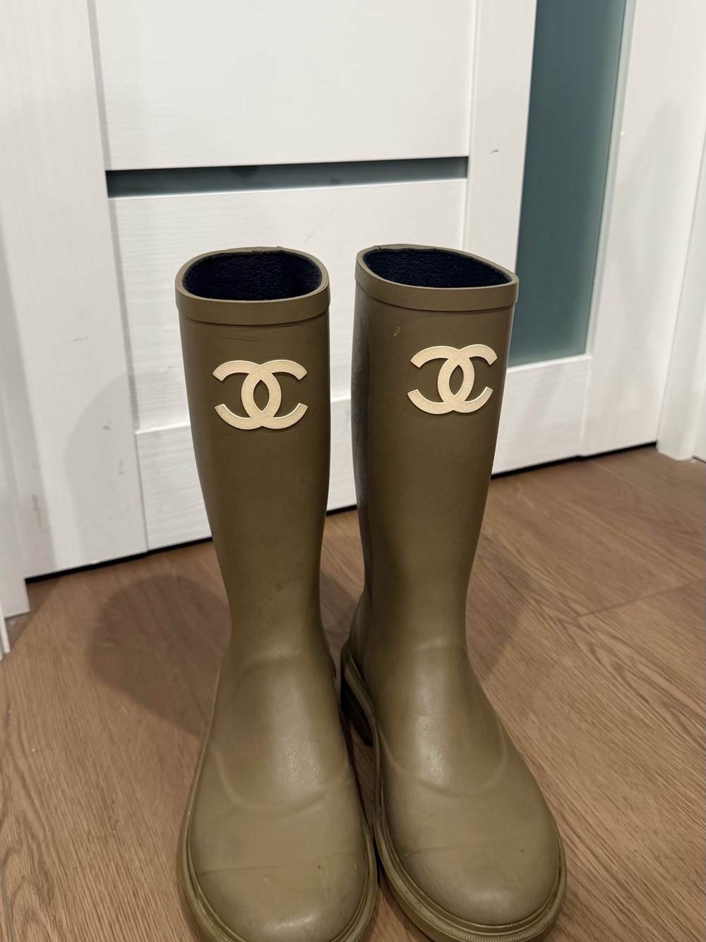 CHANEL Olive Green Rubber Knee-High Boots with Ivory CC Emblem